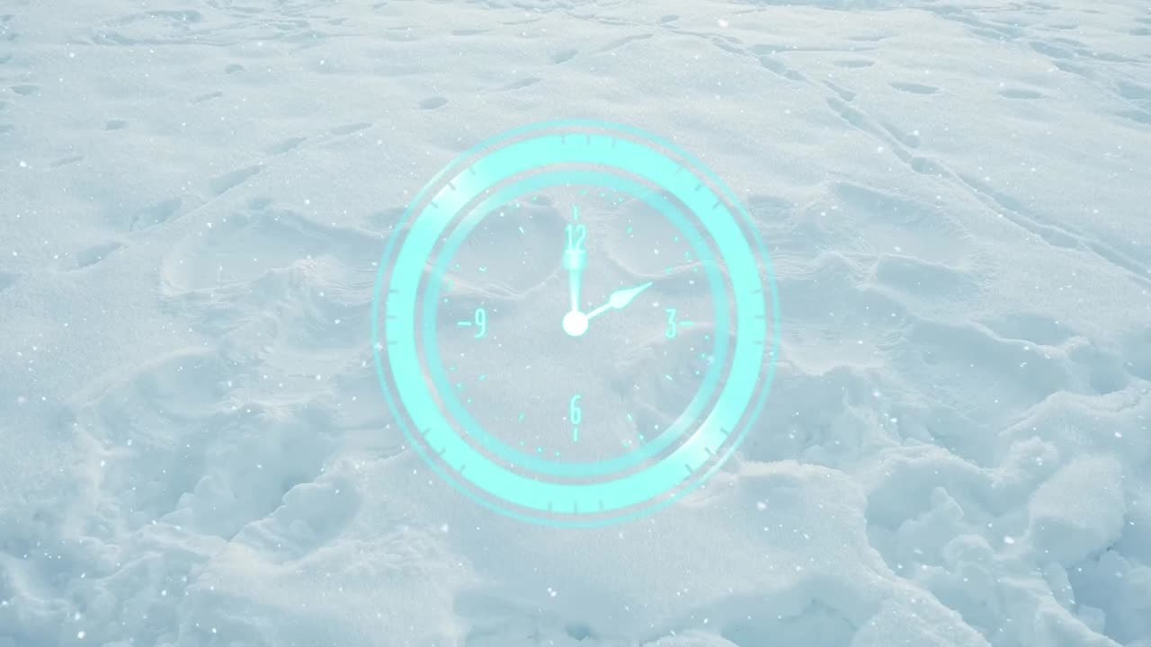 눈으로 인 땅 위에 시계 손과 눈알이 있는 원형 스캐너의 애니메이션
