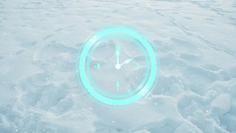 animation of circular scanner with clock hands and snowflakes over snow covered land with footprints