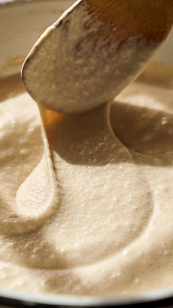 Vertical video: Entering hand scooping and folding pale batter in mixing bowl to bake, wooden spoon