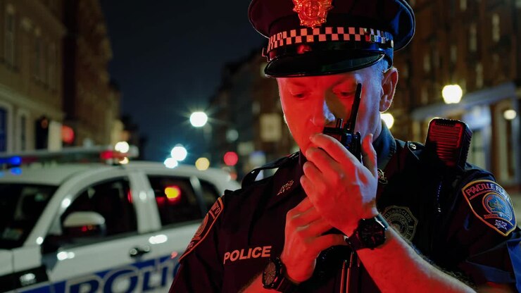 Cena noturna de rua com um policial usando um rádio, capturada em um ângulo de close-up