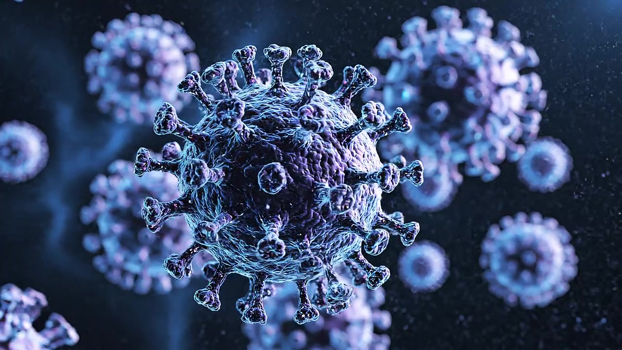 Rendering 3D microscopico di particelle di Coronavirus blu in un fluido