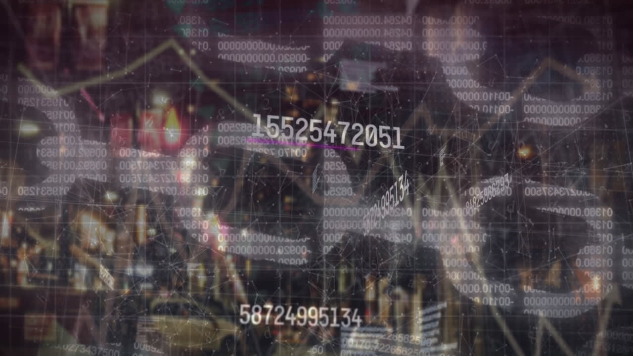 도시 풍경 위의 금융 데이터 처리 애니메이션