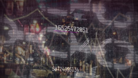 Animation of financial data processing over cityscape