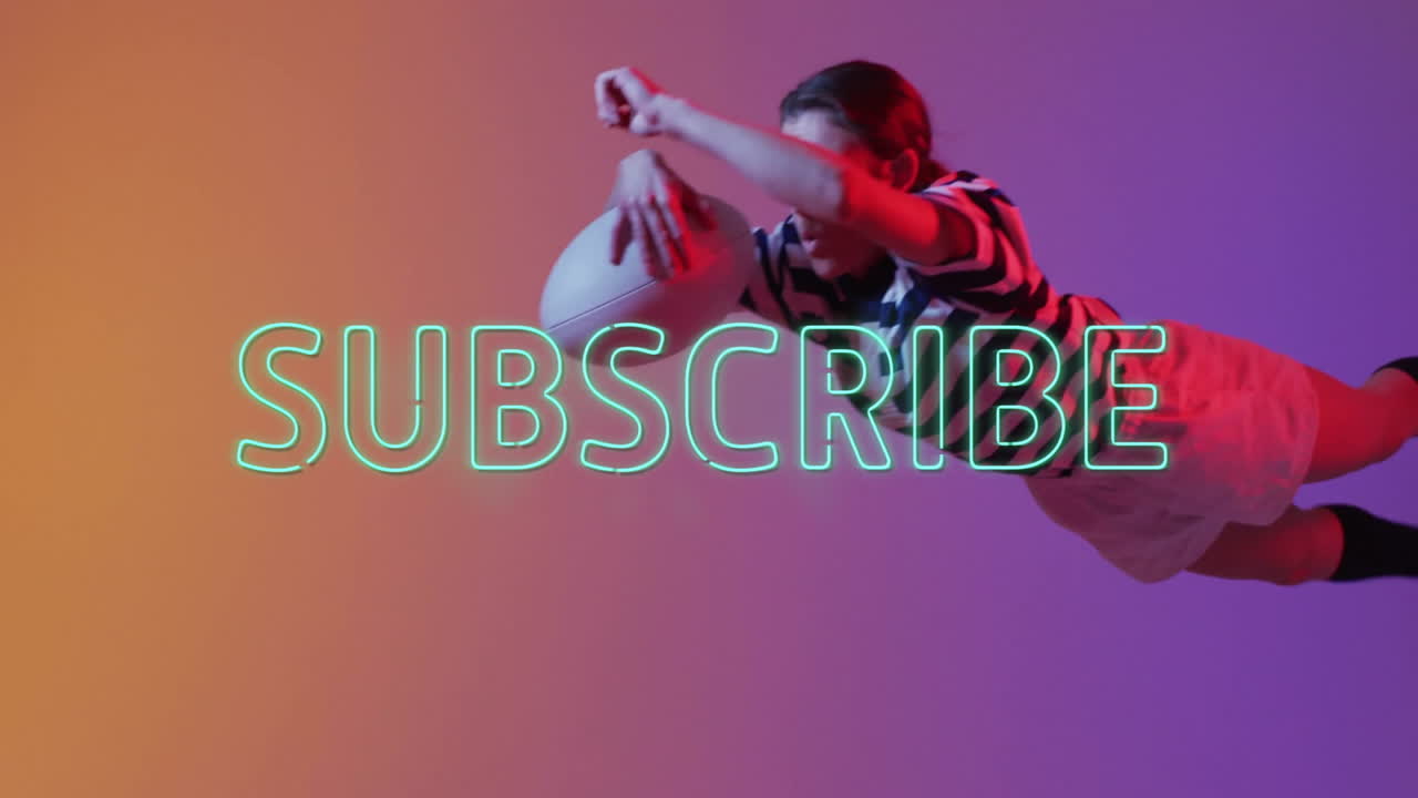 Dancing person with neon SUBSCRIBE text over colorful gradient animation background