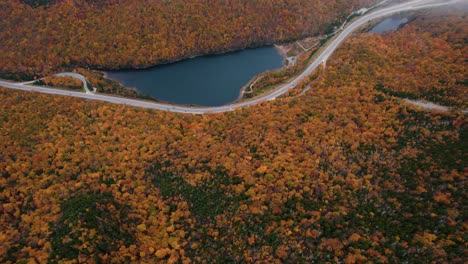 Antenne-Eines-Kleinen-Sees-An-Der-Seite-Einer-Straße-In-Der-Nähe-Von-Herbstlaub-Mit-Wolken