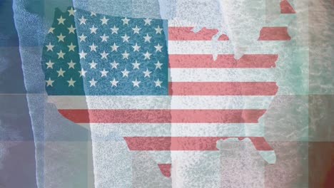 animación de la bandera de américa mapa de los estados unidos sobre vista aérea de la playa y las olas del océano