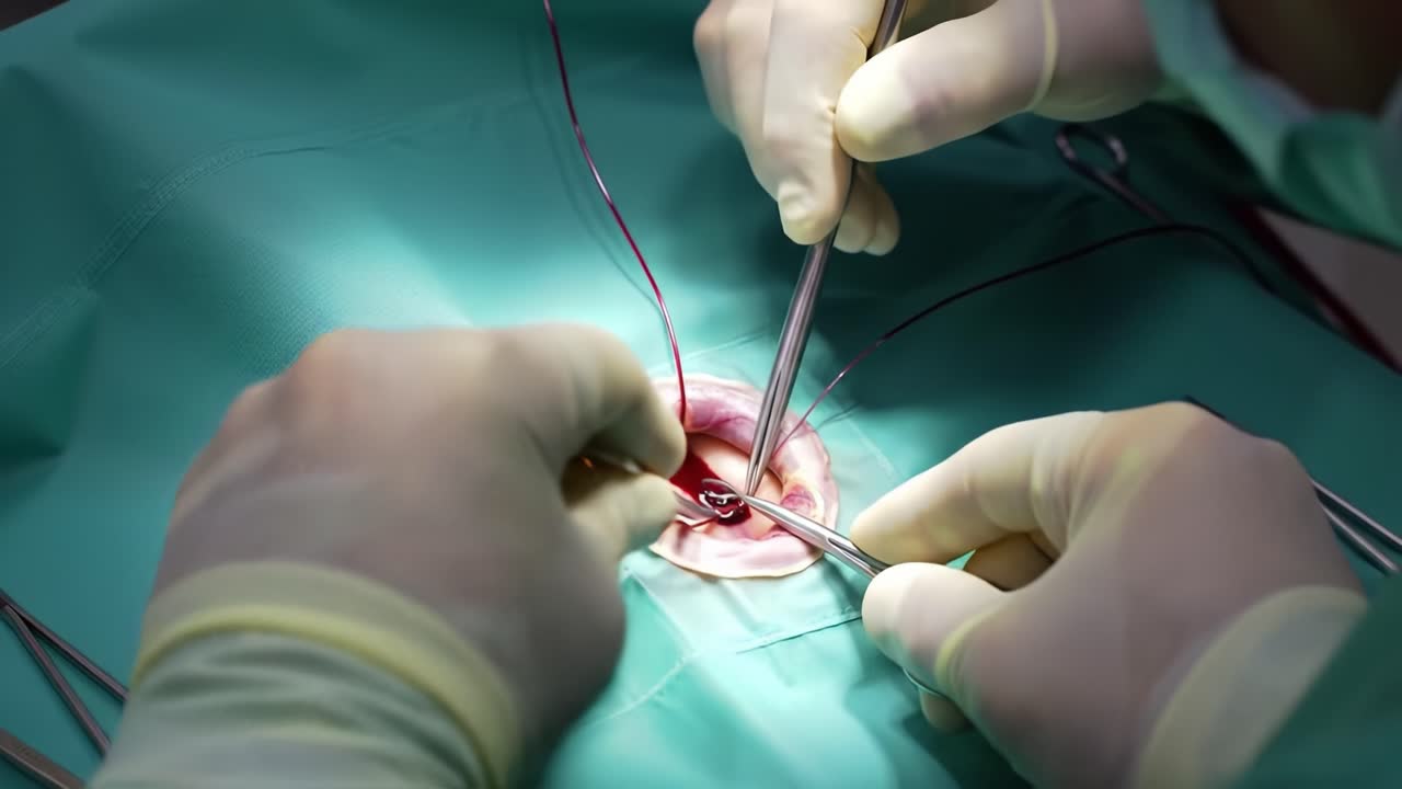 Surgeons perform a delicate stitching technique during surgery, showcasing their skills and precision in a clinical environment. This highlights the expertise required in medical procedures.