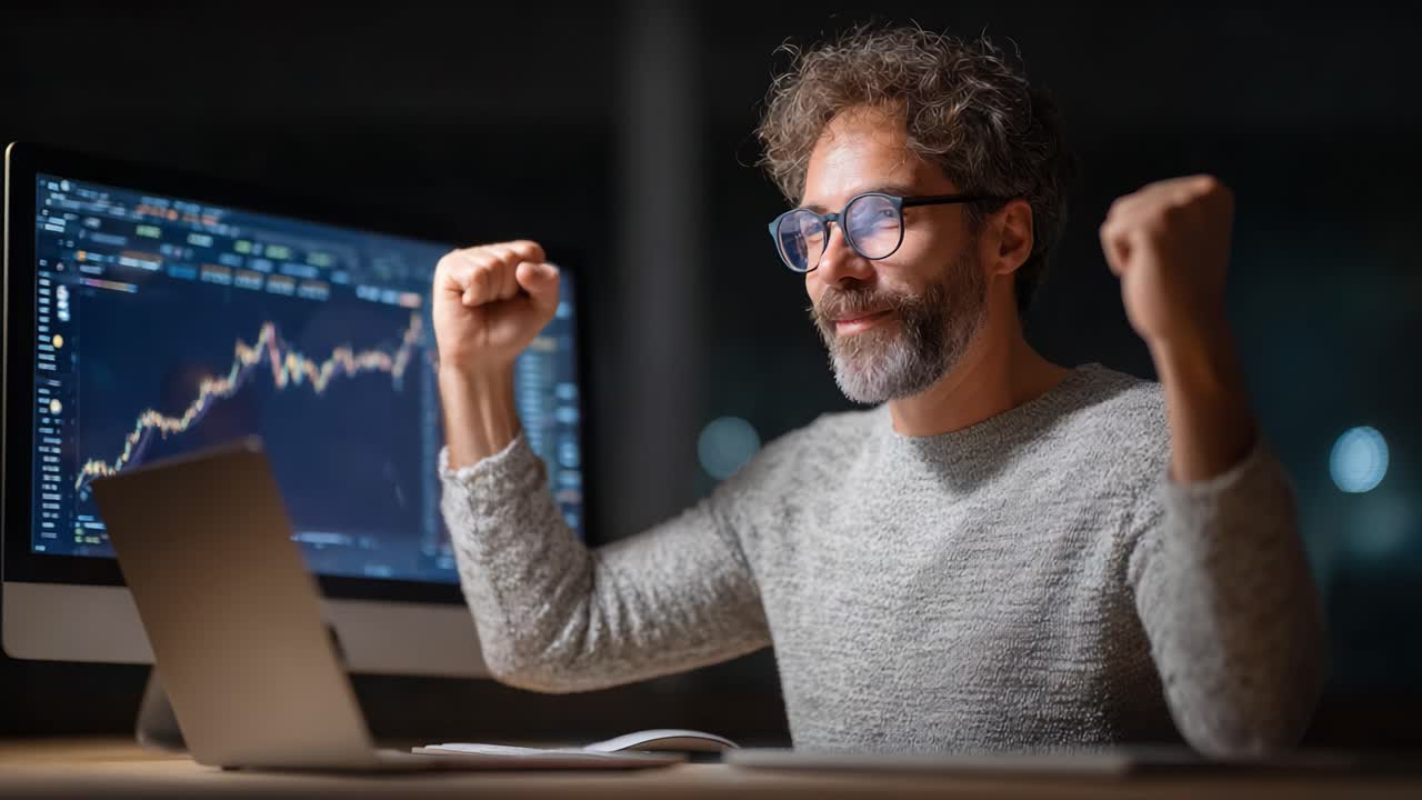 Excited Trader Celebrates Successful Stock Trade with Raised Fists in Front of Computer Screen Displaying Booming Financial Graphs and Charts