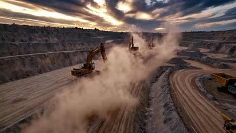 open-pit mine with excavators and heavy machinery at sunset