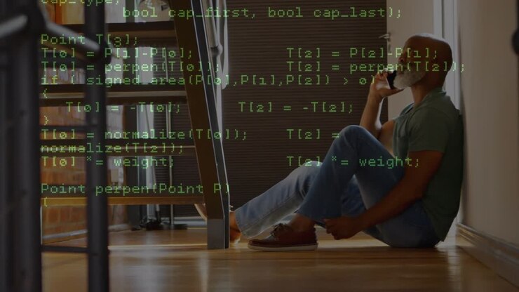 Animation of data processing over african american man talking on smartphone at home
