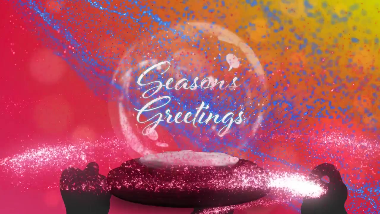Animation of snow and light spots over snow globe with season's greetings text