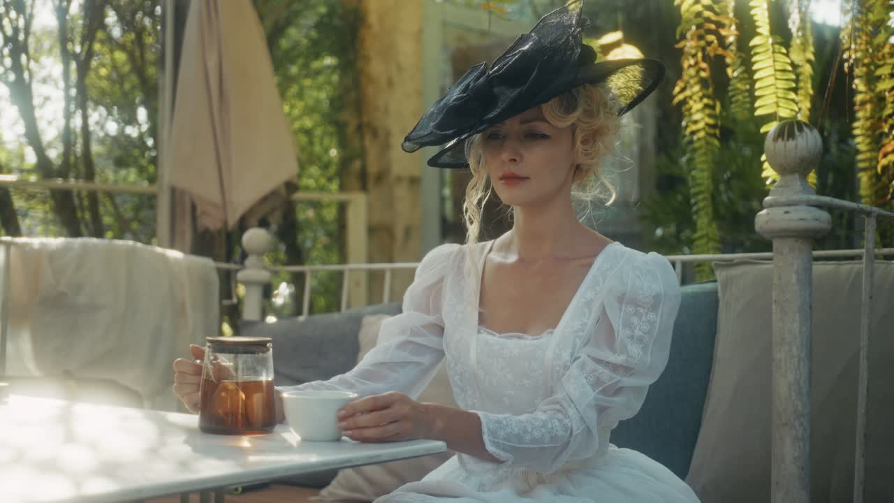 Donna elegante in abito vintage che versa il tè all'aperto