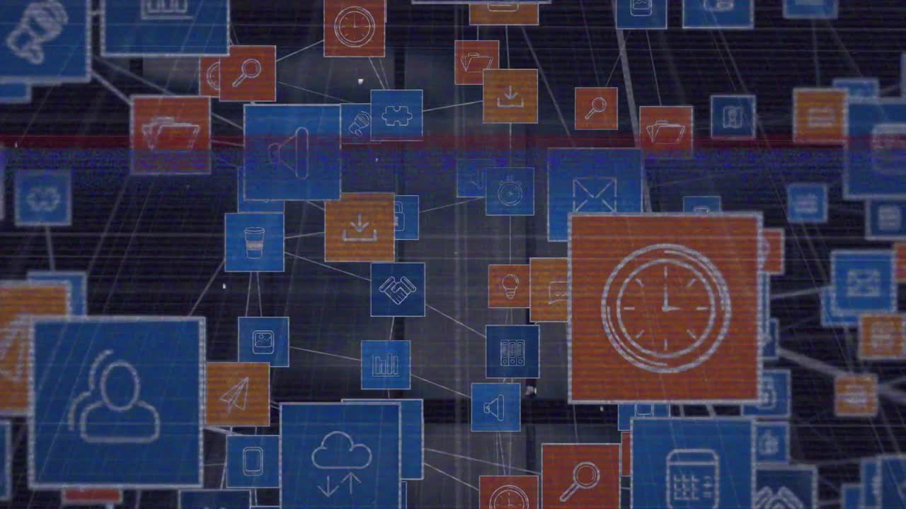 Animation of globe with connections, business icons and data processing