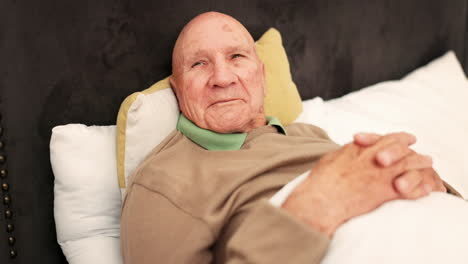 happy man, elderly and smile for rest in bed