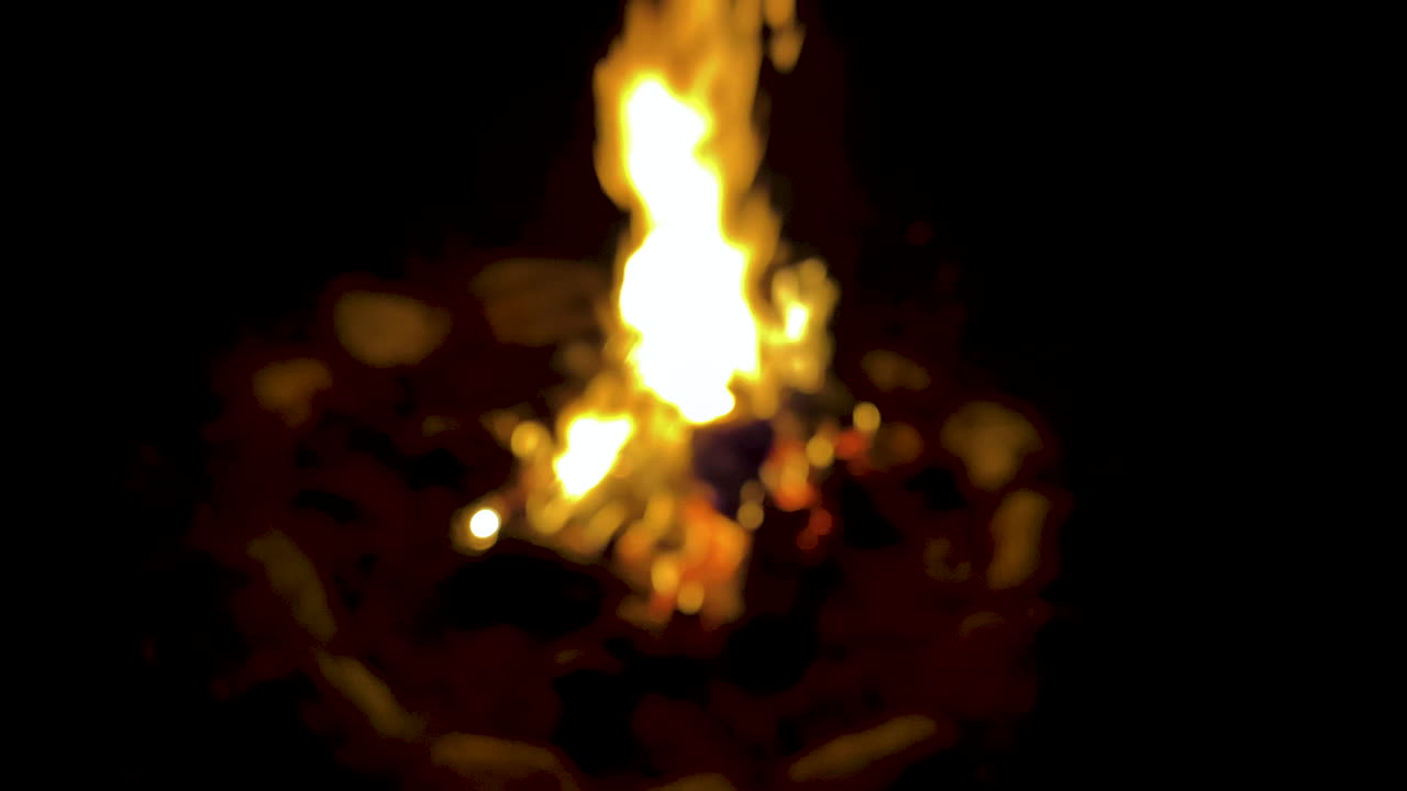 Blurred View Of Campfire Burning Outdoor At Night - close up slowmo