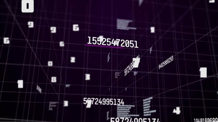 Animation of numbers changing with data processing on grid on purple background
