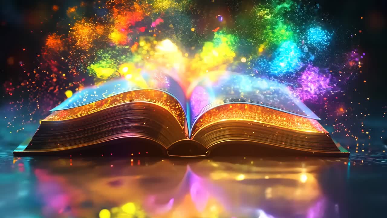 The book is open to a page with a vibrant and colorful display of sparkles and a rainbow of colors. The page is illuminated, creating a sense of magic and wonder