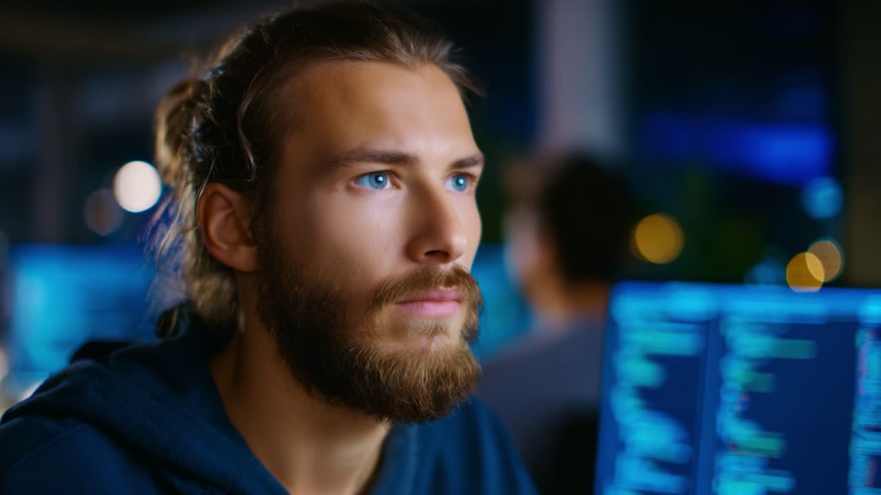 Focused Young Programmer Working Late at Night with Computer Screens Illuminating His Face, Deep in Thought and Analysis of Lines of Code and Project Development