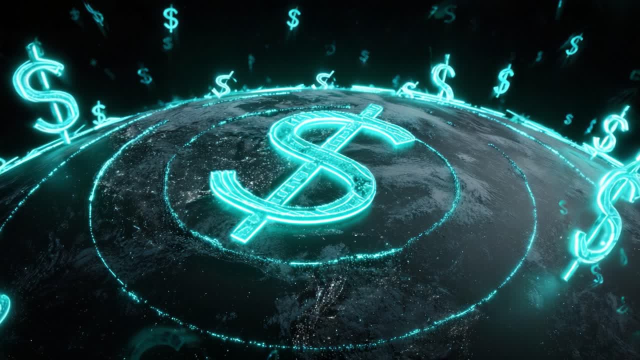 Luminous neon dollar signs revolving around a detailed globe in outer space, symbolizing global finance, worldwide economy, and the future of digital currency in a connected financial world