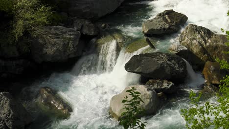 Rauschender-Waldfluss-Mit-Felsen-Im-Wasser,-Zeitlupe