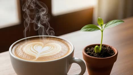 A Serene Morning Scene Featuring a Heart-Shaped Latte Art and a Vibrant Green Plant, Capturing the Essence of Nature and Comfort in a Cozy Environment