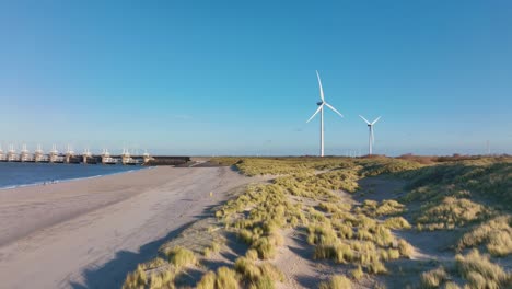 aerial shot flying over dunes and a beach towards wind turbines and the eastern scheldt storm surge barrier in zeeland, the netherlands, on a beautiful sunny day