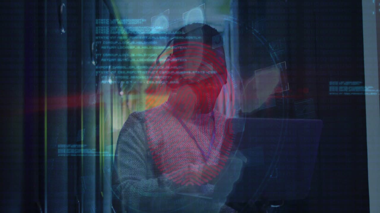 Animation of finger print over african american male server room worker headphones