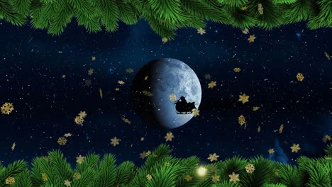 Animation-of-gold-snowflakes-falling-over-full-moon-and-santa's-sleigh,-with-christmas-tree-border