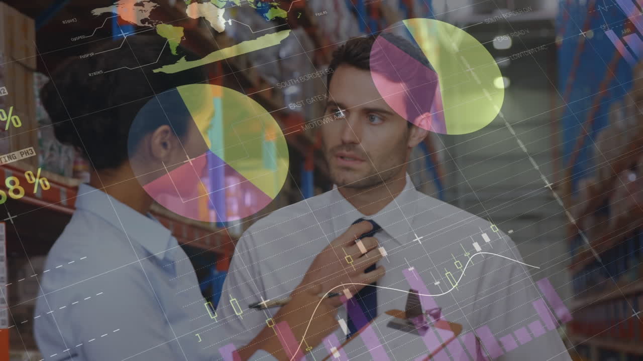 Animation of data processing and statistics over diverse people working in warehouse