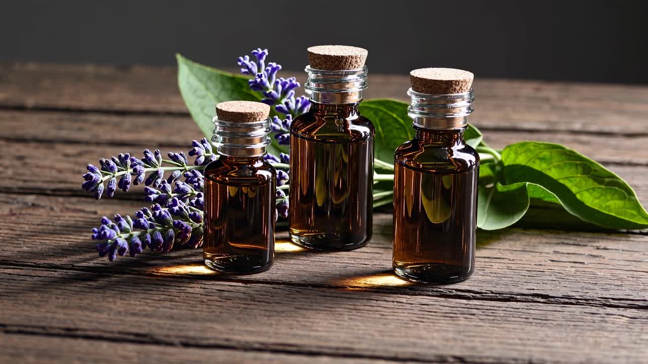 Aromatic oils in glass bottles with lavender, captured at eye level