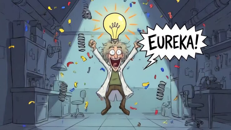 Scienziato animato che festeggia un momento Eureka con un'idea brillante