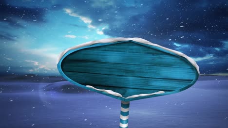 animation of blank wooden sign with copy space in winter scenery