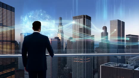 businessman overlooks a futuristic city with an overlaid data network