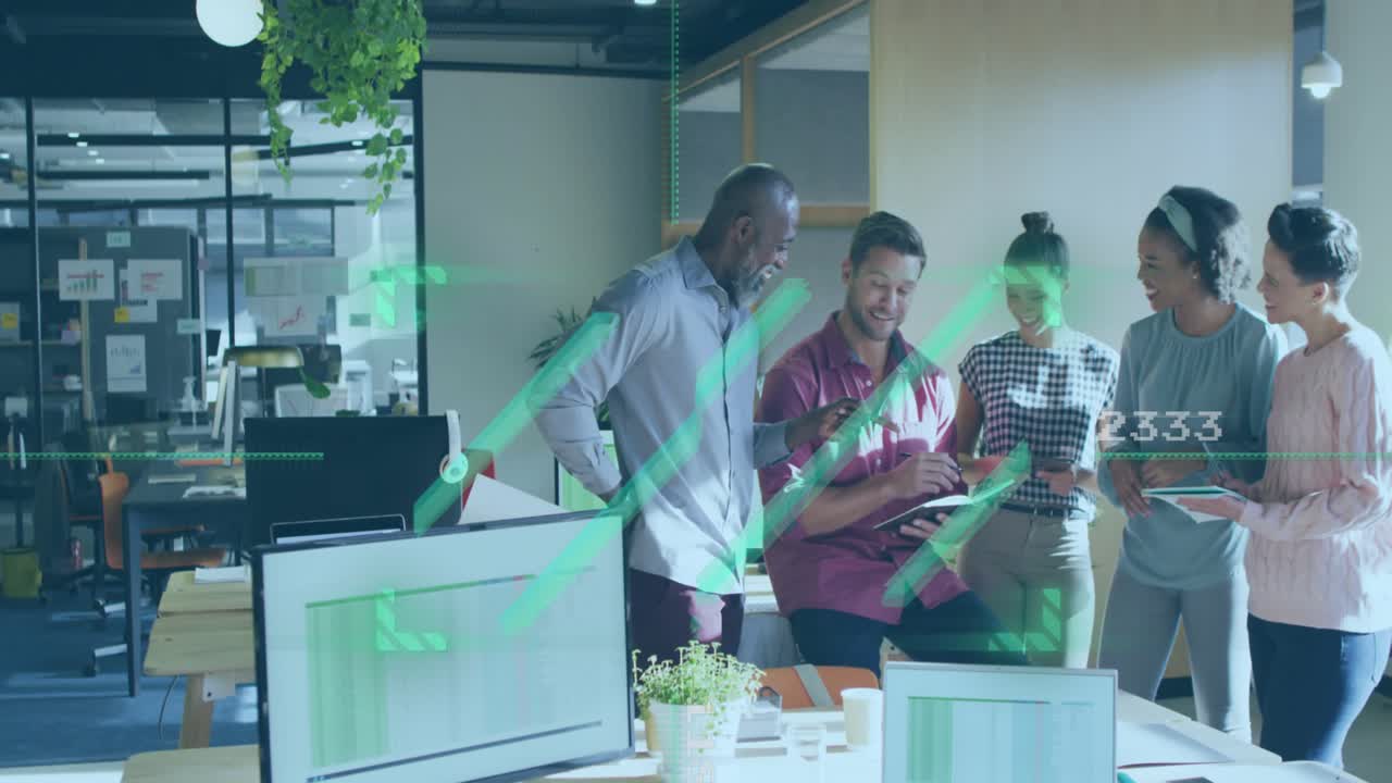 Animation of data processing over diverse business people in office