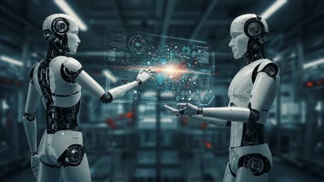 exploring the future of technology: two humanoid robots engaging in a digital exchange in a sleek, high-tech environment with holographic displays