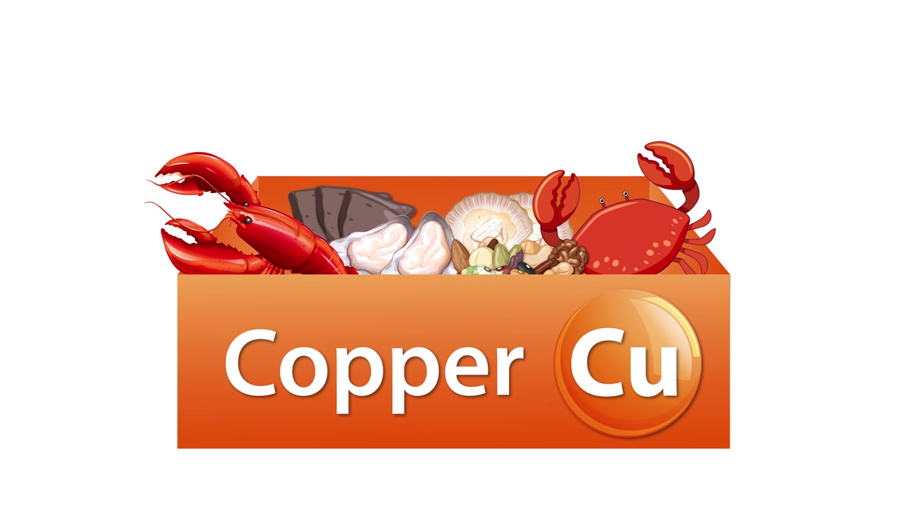 Una confezione color rame arancione di integratori si riempie di ingredienti a base di pesce in un'animazione fluida, luminosa e frontale