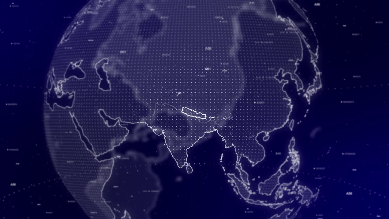 영화적 비디오 배경은 네팔 국가를 확대하여 회전하는 디지털 지구를 보여줍니다.