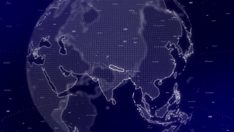 un fondo de video cinematográfico muestra un globo digital girando, haciendo zoom en el país de nepal