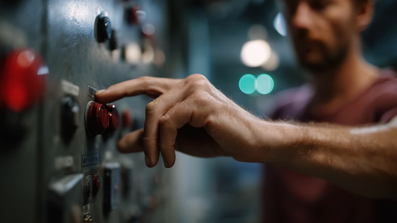 Focus on Hand Engaging Control Panel Button in Industrial Setting with Blurred Background, Highlighting Operational Procedures and Equipment Management