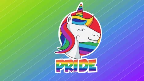 animation of pride text over unicorn and rainbow stripes