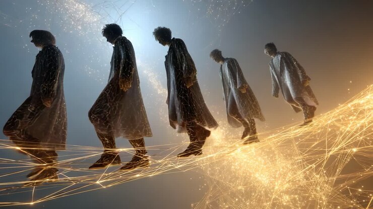 A mesmerizing journey through time and space, showcasing a group of figures meticulously balancing on a luminous path, embodying unity, movement and exploration amidst a cosmic backdrop