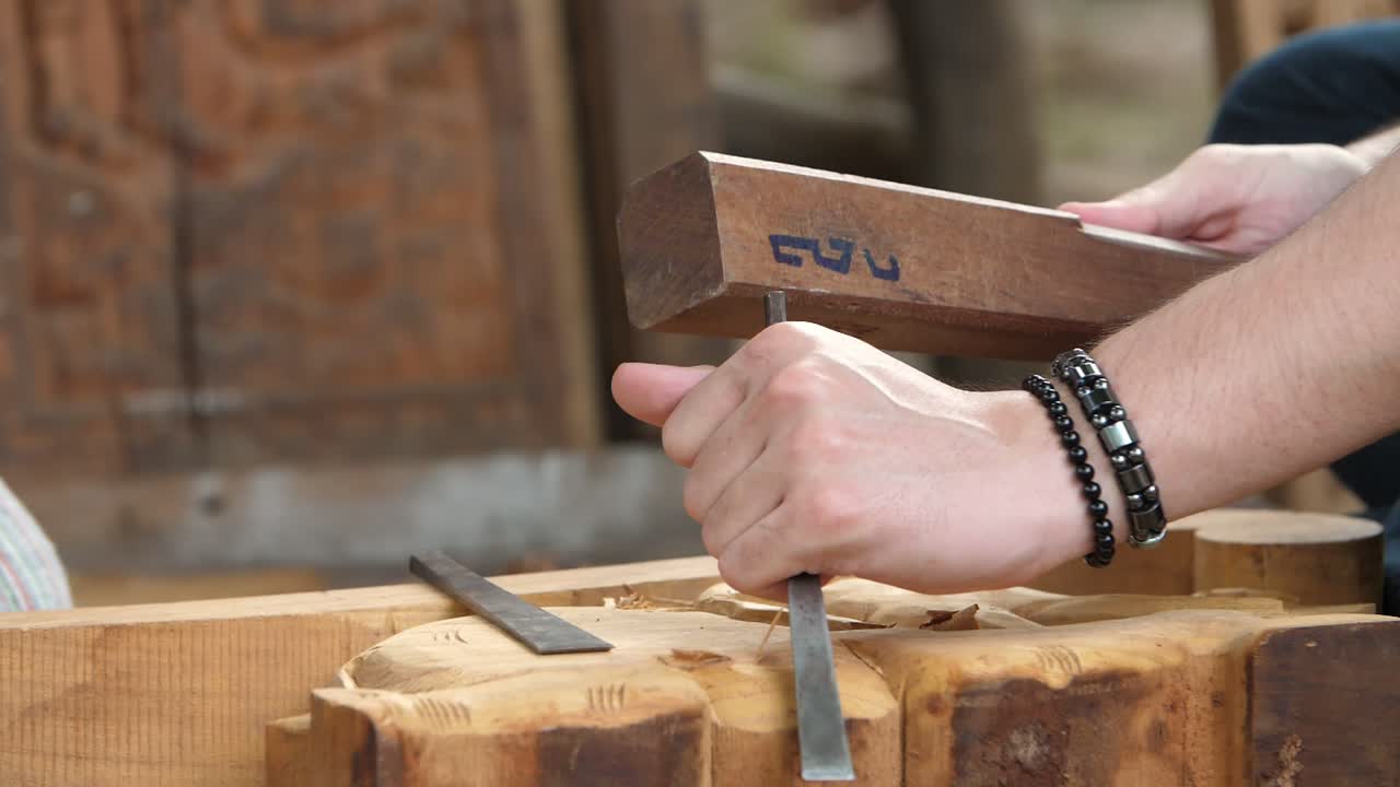 Hands Of Craftsman Carve With A Gouge In The Hands , Slow Motion
