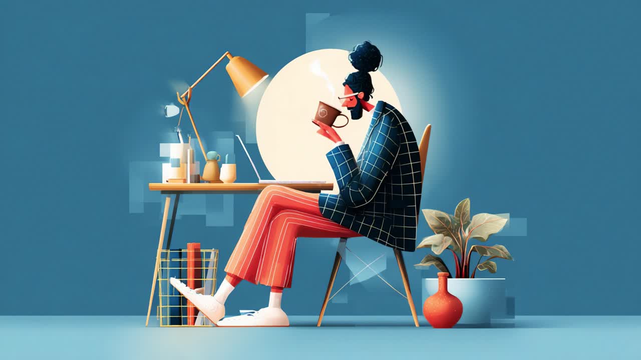 Cozy Workspace: A Focused Individual Enjoying Coffee While Working on a Laptop in a Brightly Lit Room Surrounded by Plants and Books, Capturing a Relaxed Yet Productive Atmosphere