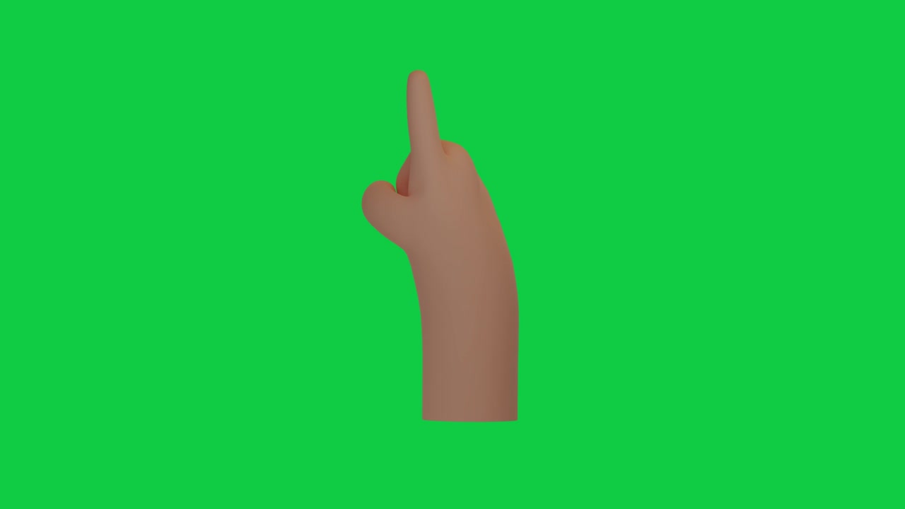 gesto de la mano en 3d en un fondo de pantalla verde cromado. canal alfa. emoticon signo animado. mostrando un dedo. concepto de conteo
