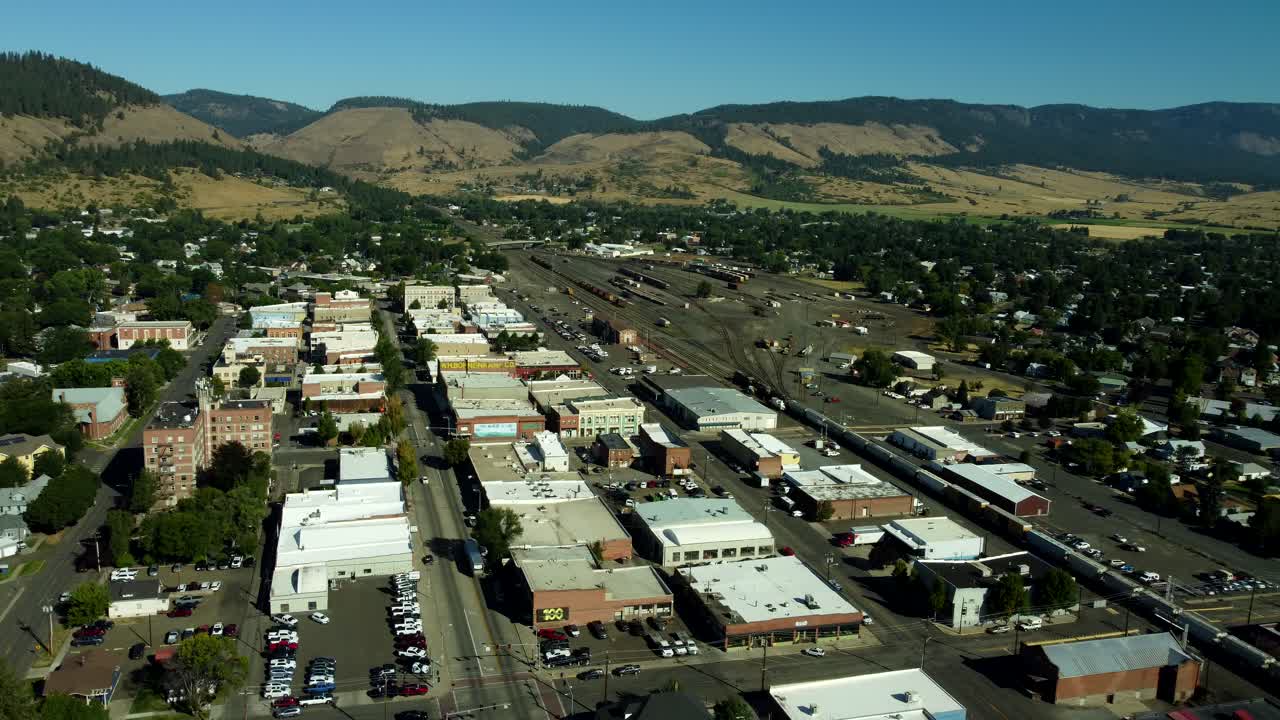 US, Oregon, La Grande, 2025-08-11 - Drone view of the Eagle Cap Excursion Train station