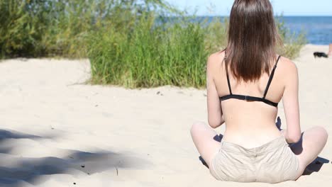 Rückansicht-Einer-Jungen-Frau,-Die-An-Einem-Sonnigen-Sommertag-Am-Sandstrand-Sitzt