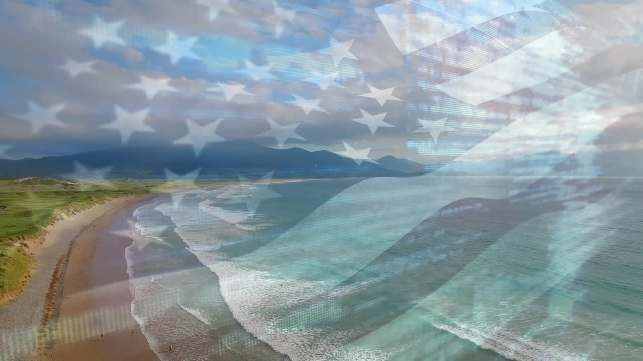 animación de la bandera de los estados unidos ondeando sobre el paisaje de la playa