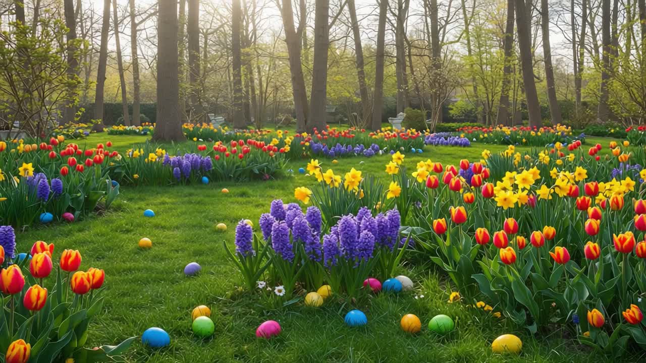 A Vibrant Spring Garden Filled With Colorful Tulips, Daffodils, and Hyacinths Surrounded by Decorative Eggs Under a Bright Sunlight in a Serene Outdoor Setting