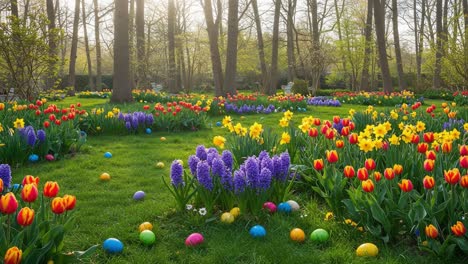 a vibrant spring garden filled with colorful tulips, daffodils, and hyacinths surrounded by decorative eggs under a bright sunlight in a serene outdoor setting