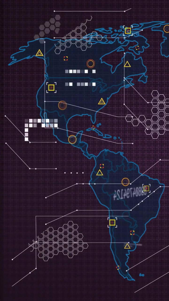 Map getting feed and animating HUD, marking Americas, pulsing alerts, linking nodes for monitoring